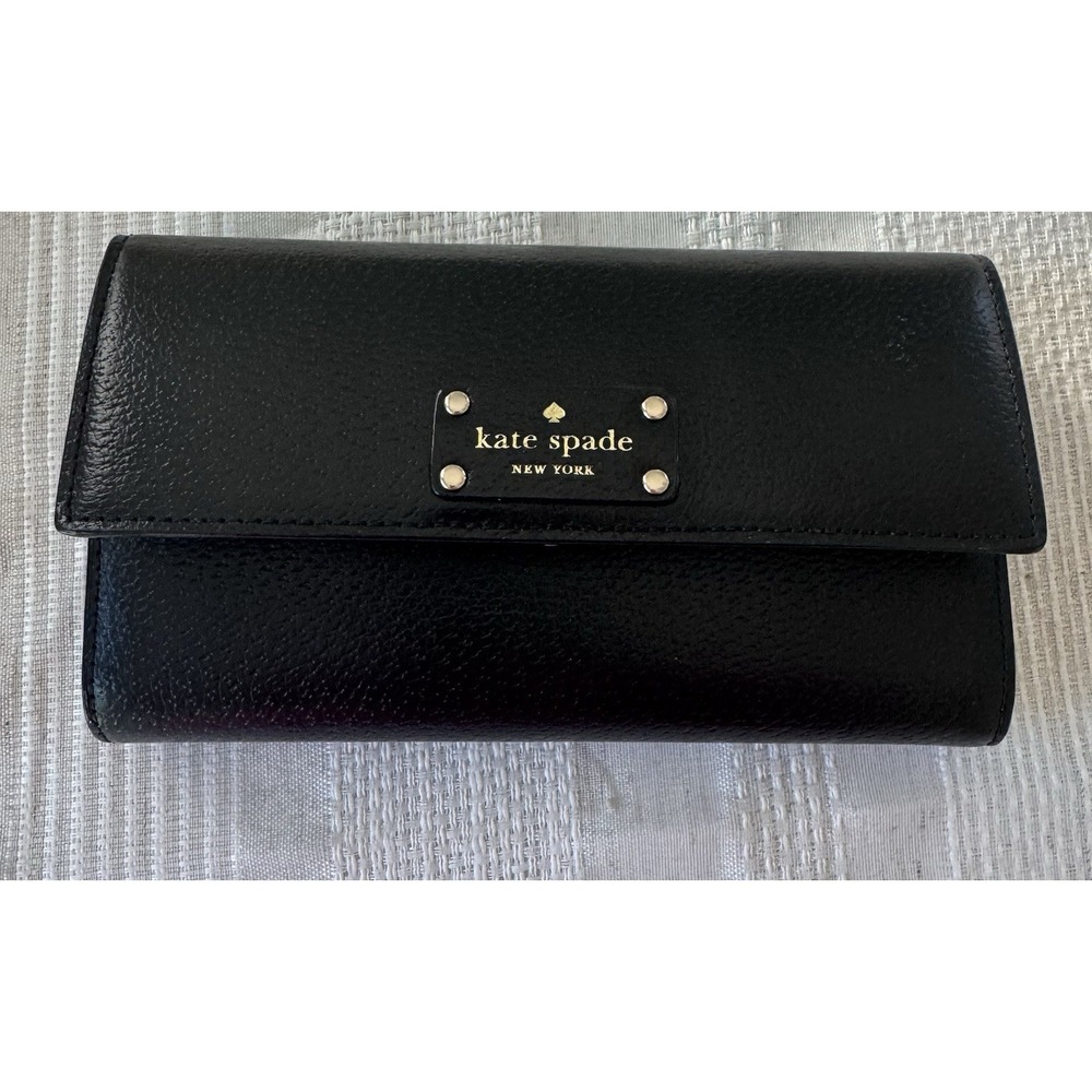 Kate Spade Large Flap Black Pebbled Leather Wallet